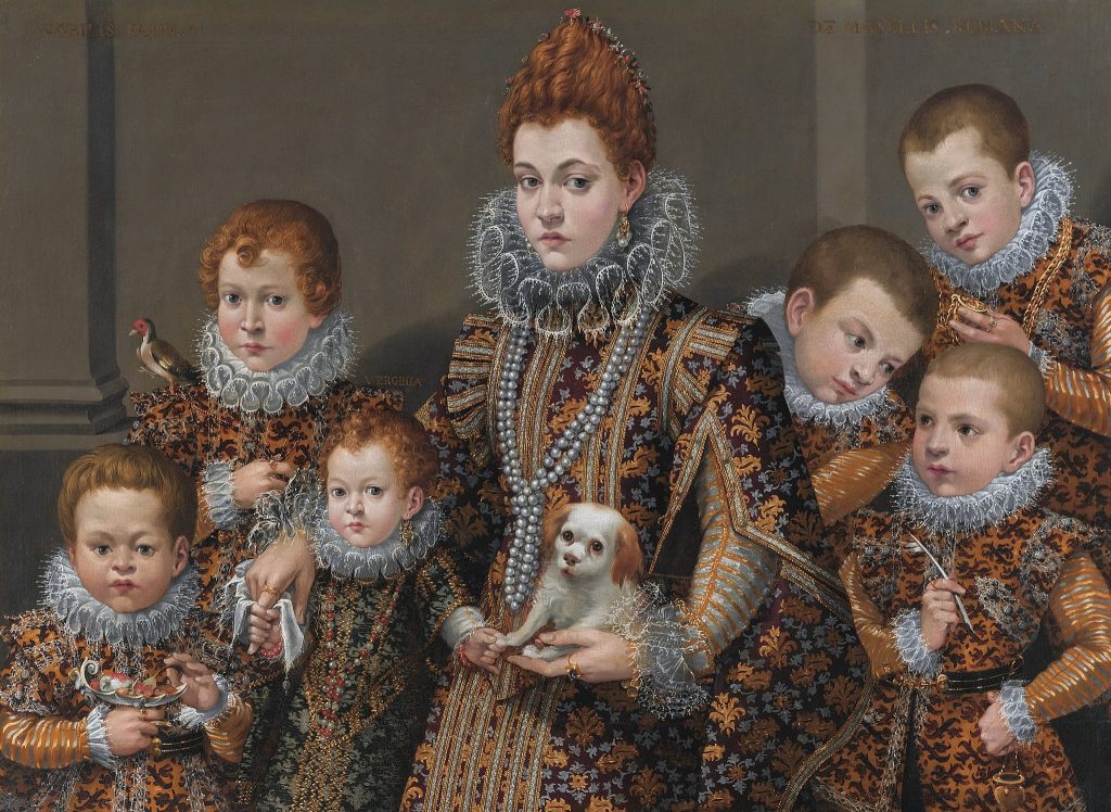 Painting of Bianca degli Utili Maselli, holding a dog and surrounded by six of her children (c. 1565–1614).