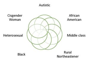 Venn diagram consisting of circles labeled with examples of intersecting identities including: Autistic, African American, Middle class, Rural Northeasterner, Black, Heterosexual, and Cisgender Woman.