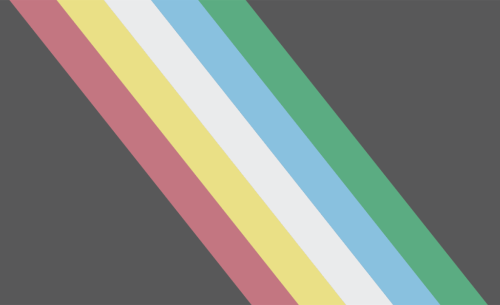 Disability pride flag, A charcoal grey flag with a diagonal band from the top left to bottom right corner, made up of five parallel stripes in red, gold, pale grey, blue, and green