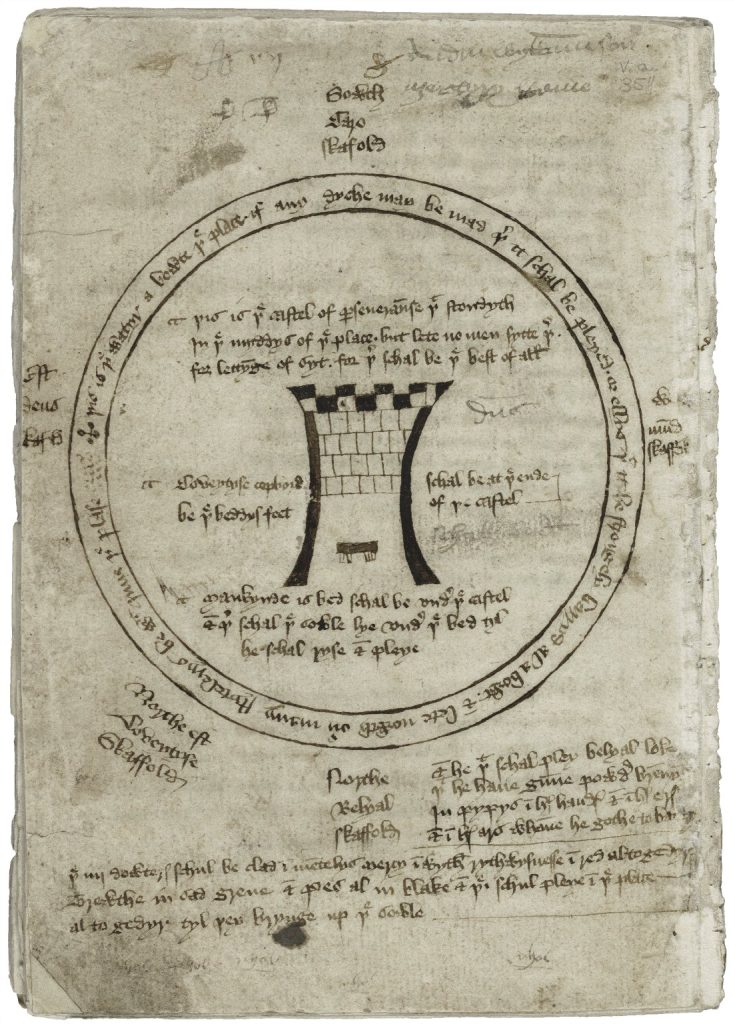 black and white sketch with a castle tower in the center of a circle of texts.