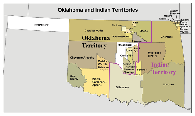 This is a modern map of Oklahoma that shows the territories of several Indigenous communities: the Kaw, Osage, Cherokee, Ponca, Pawnee, Sac , Fox, Creek, Choctaw, Kiowa, Chickasaw, among others