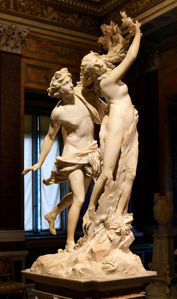 marble statue of nude man and woman in motion with the man following the woman