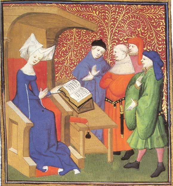 "Christine de Pizan (sitting) lecturing to a group of men standing