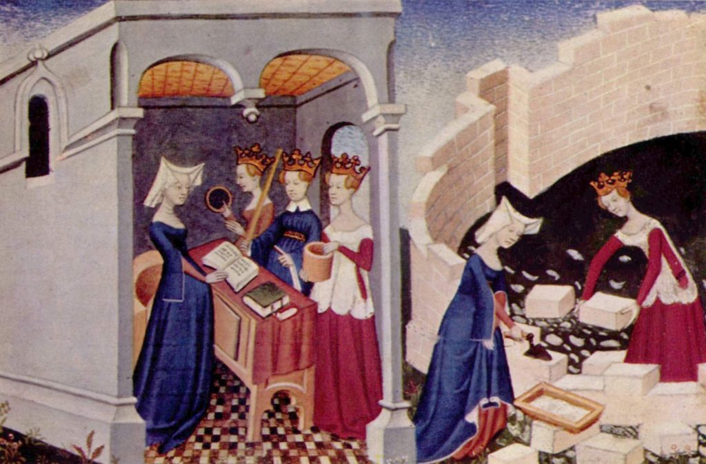 Christine is shown before the personifications of Rectitude, Reason, and Justice in her study, and working alongside Justice to build the 'Cité des dames'.