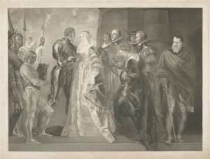 black and white drawing of a scene depicting men and women in various standing positions from the 1600s