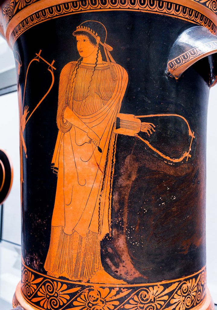 Sappho is shown holding a barbitos and plectrum, and turning to listen to Alcaeus.