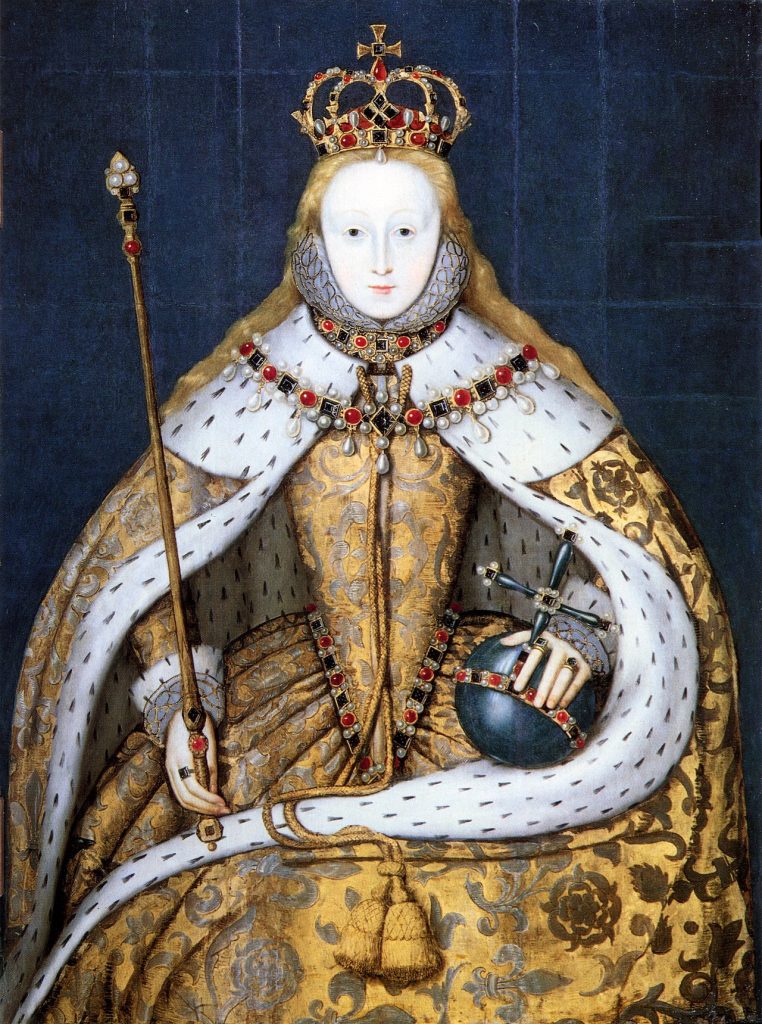 Painting of a white face woman dressed in a ornate robe with a crown on her head. Also holding a staff on her right and a cross in her left.