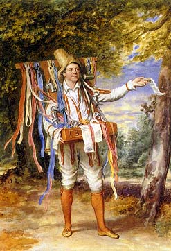 painting of a man carrying various items including colorful ribbons.