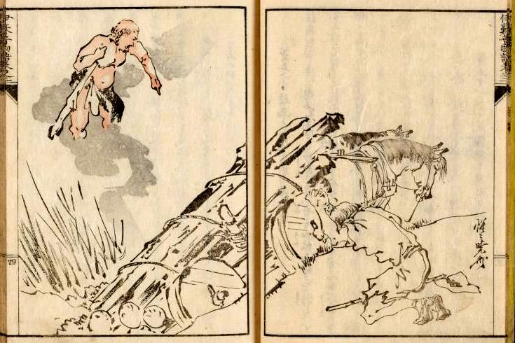 1890s Japanese Woodcut illustration depicting "The Hercules and the Wagoner," one of Aesop's fables. Image is sepia, tone - like yellow with brownish tint,