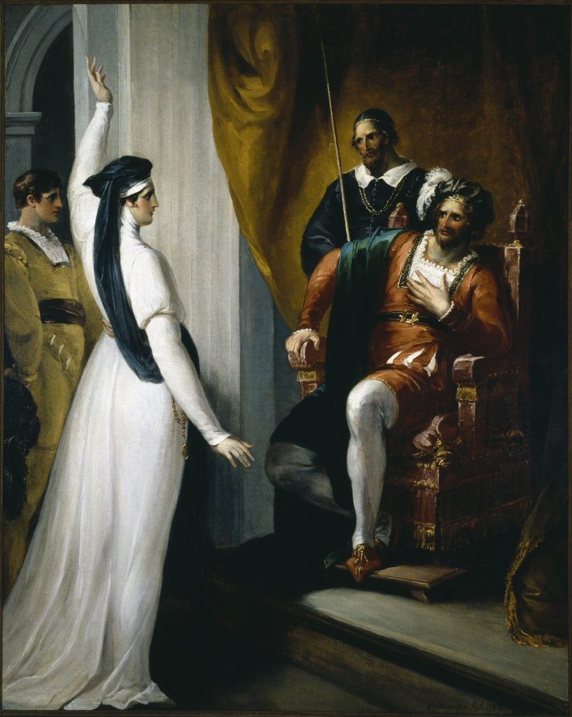 Painting of a woman dressed in white with her left hand raised facing a man sitting on a throne.