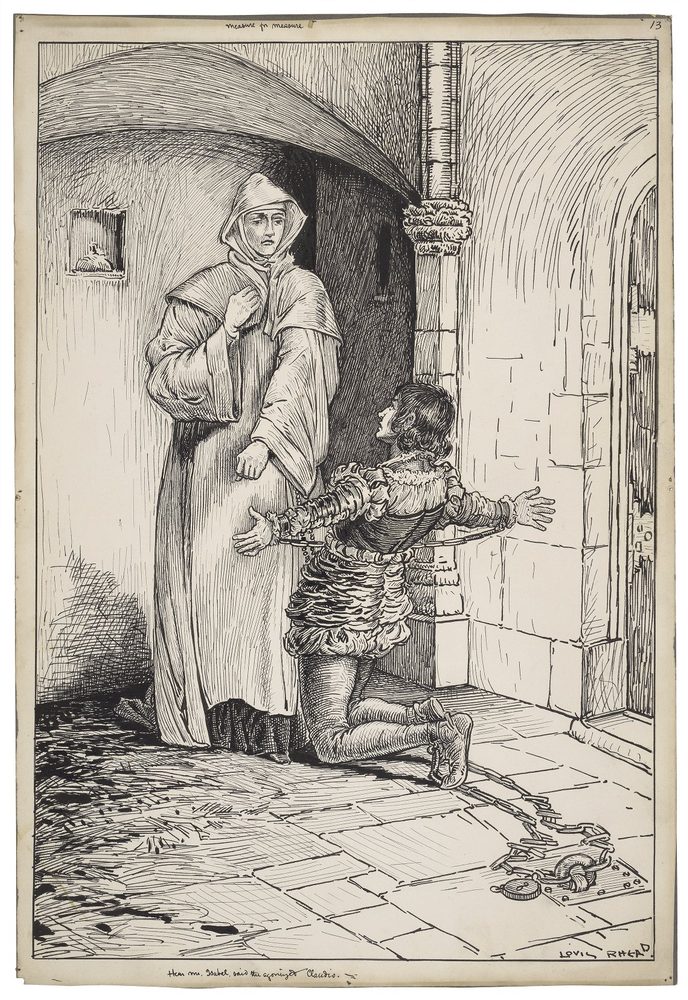 Drawing of woman in a hooded robe next to a mand on his knees with open arms.