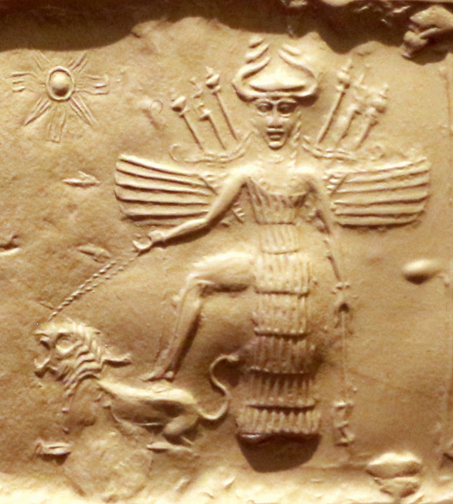 Goddess Ishtar on an Akkadian Empire seal, 2350–2150 BCE. She is equipped with weapons on her back, has a horned helmet, is trampling a lion held on a leash and is accompanied by the star of Shamash.
