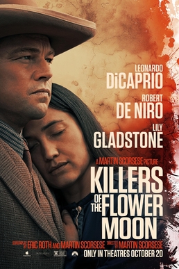 image of a film poster in color, that is based on the book by Grann, "The Lost City of Z" (2017). To imply crisis and chaos, the backdrop is of smoke and red clouds that hover over the image of its two main characters- lovers from different social groups: the Osage Nation and Euro-American.