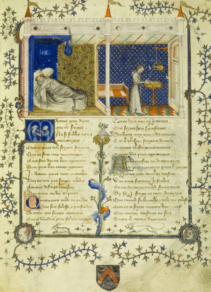 Illuminated leaf from a manuscript of the poem, 1390This leaf is a sheet of paper in color showing the main protagonist - the lover fast asleep and who wakes up to the text's investigation of morality, human desire, and conflicts between the intellect and sexuality.