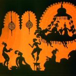 The figures are in black and the backdrop / setting is in orange. Clothing includes turban, long features projecting from the heads