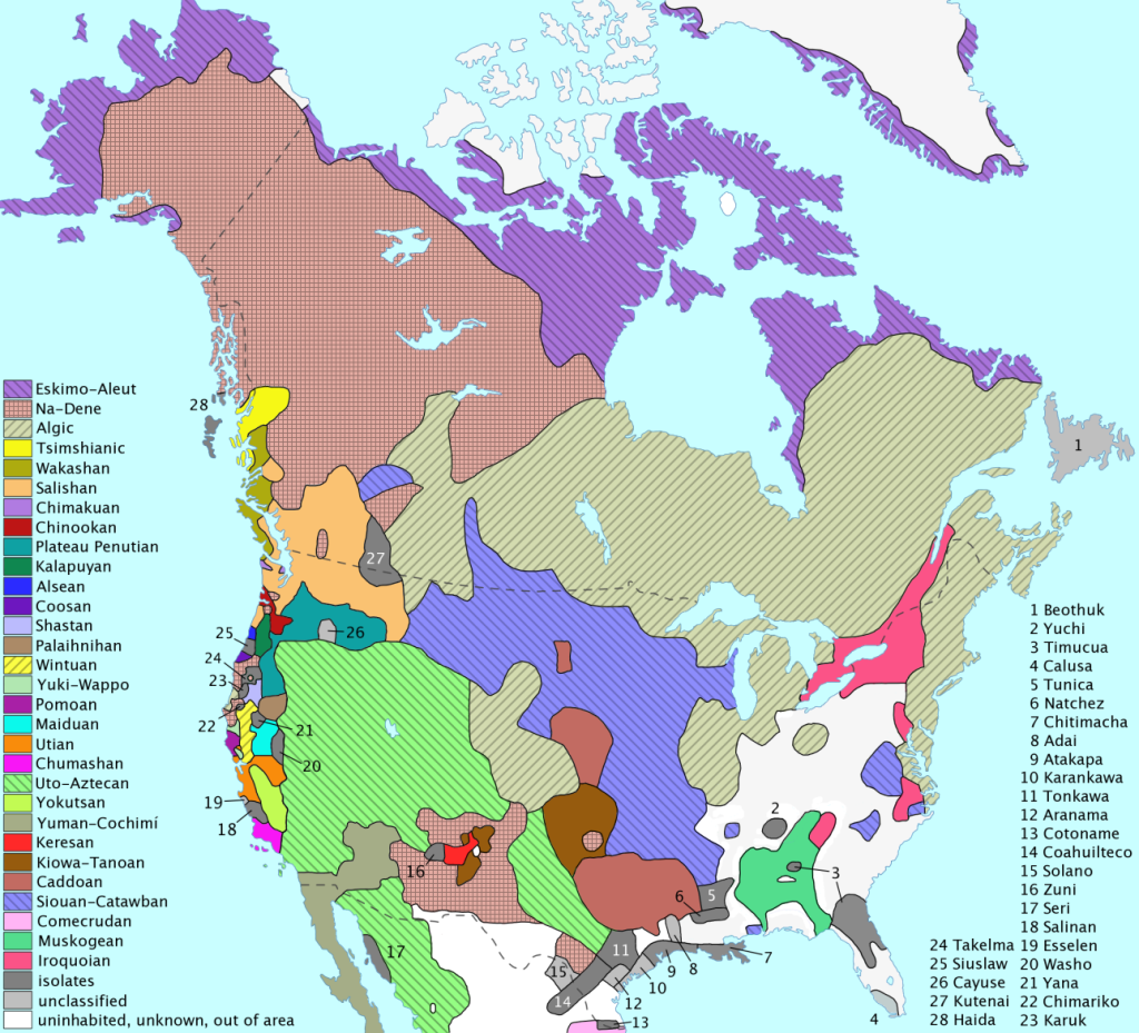 A map that has a color scheme to identify the Indigenous community that correlates to their native lands and territories.