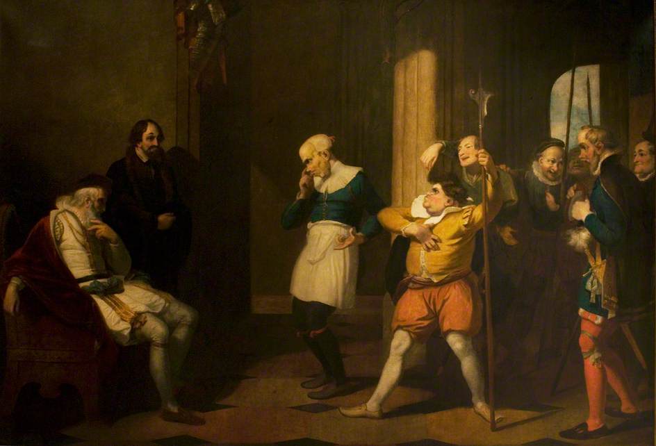 painting of men presenting to a old man sitting in a chair