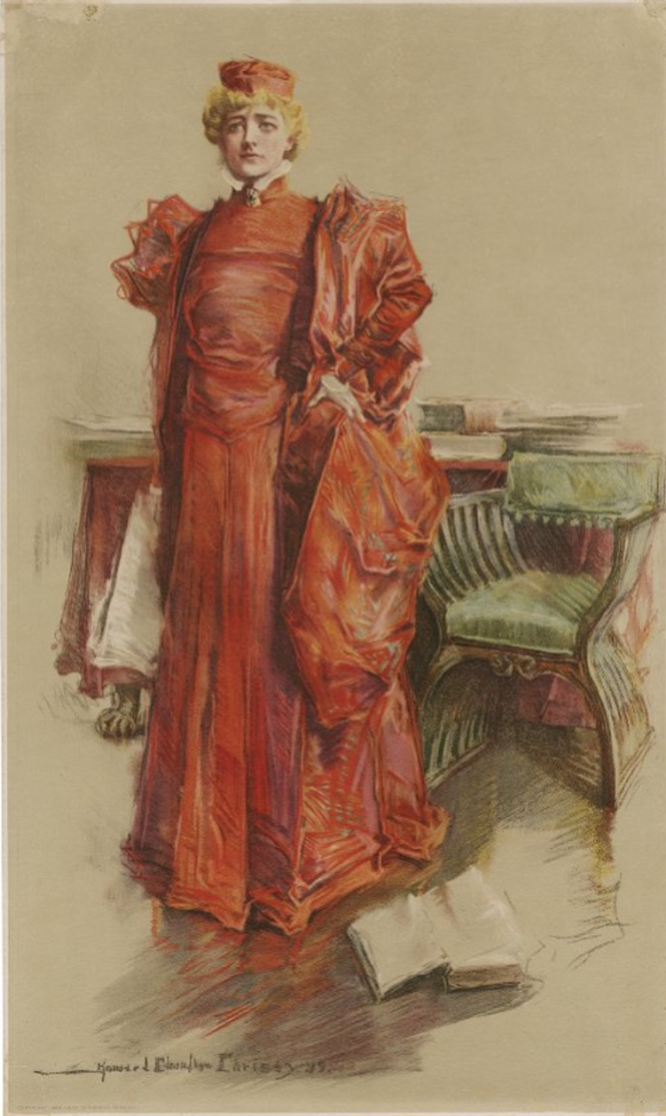 Painting of a woman dressed in a red dress in front of a chair