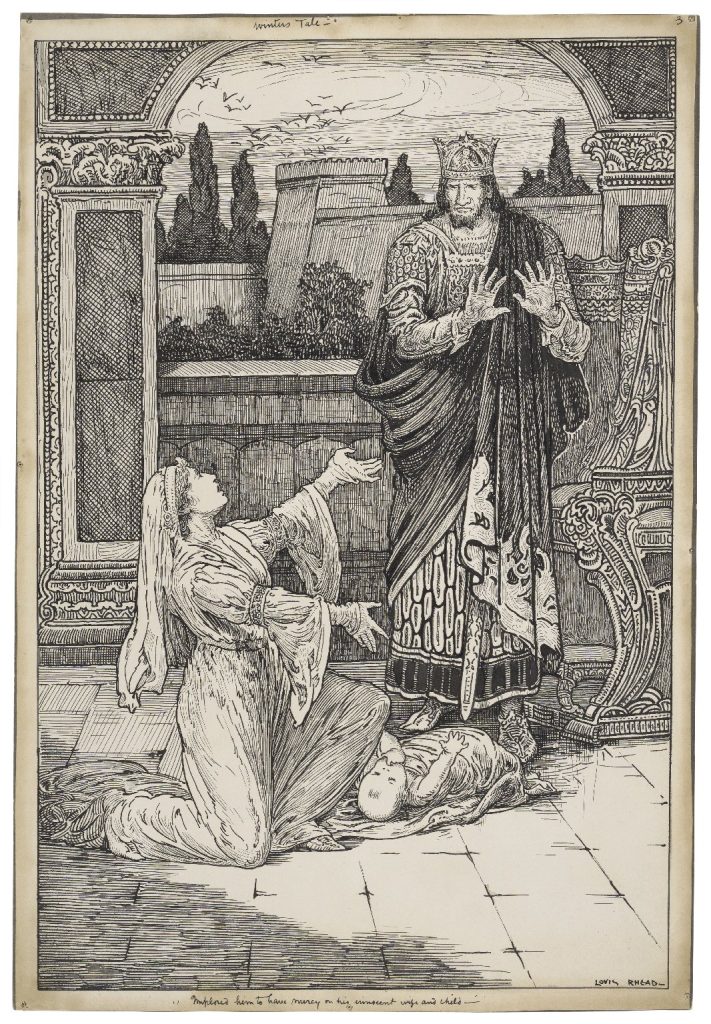 drawing of a woman on her knees and an infant by her side pleading to the king