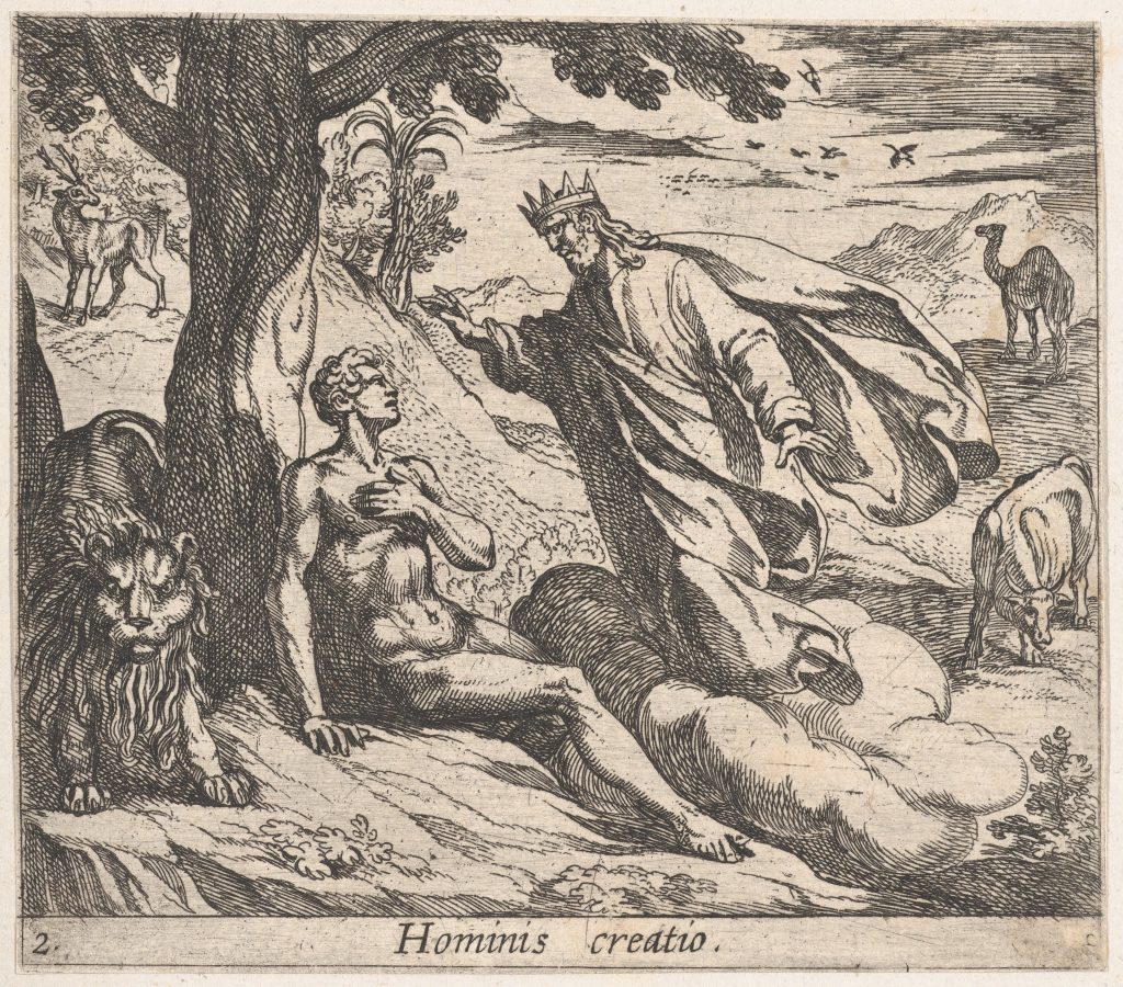 The image is in dark grey of an omniscient male god above a male figure. The male god-like figure is wearing a crown. The king stands and gestures with his right hand toward a male figure who sits below a tree and reclines against its tree trunk. To the left of the sitting minor character is a lion who also sits. The lion stares directly a head, while the king and sitting figure look at toward each other as if in a conversation.