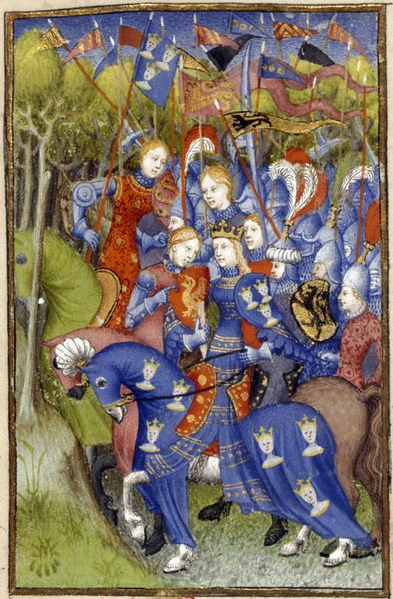 An illustration in color from Pizan's letter title "L'Épître Othéa a Hector" 1414, book on the Amazons assisting the Trojans: "Detail of a miniature of Queen Penthesilea with and her army of Amazons riding through the forest to aid the Trojan army,