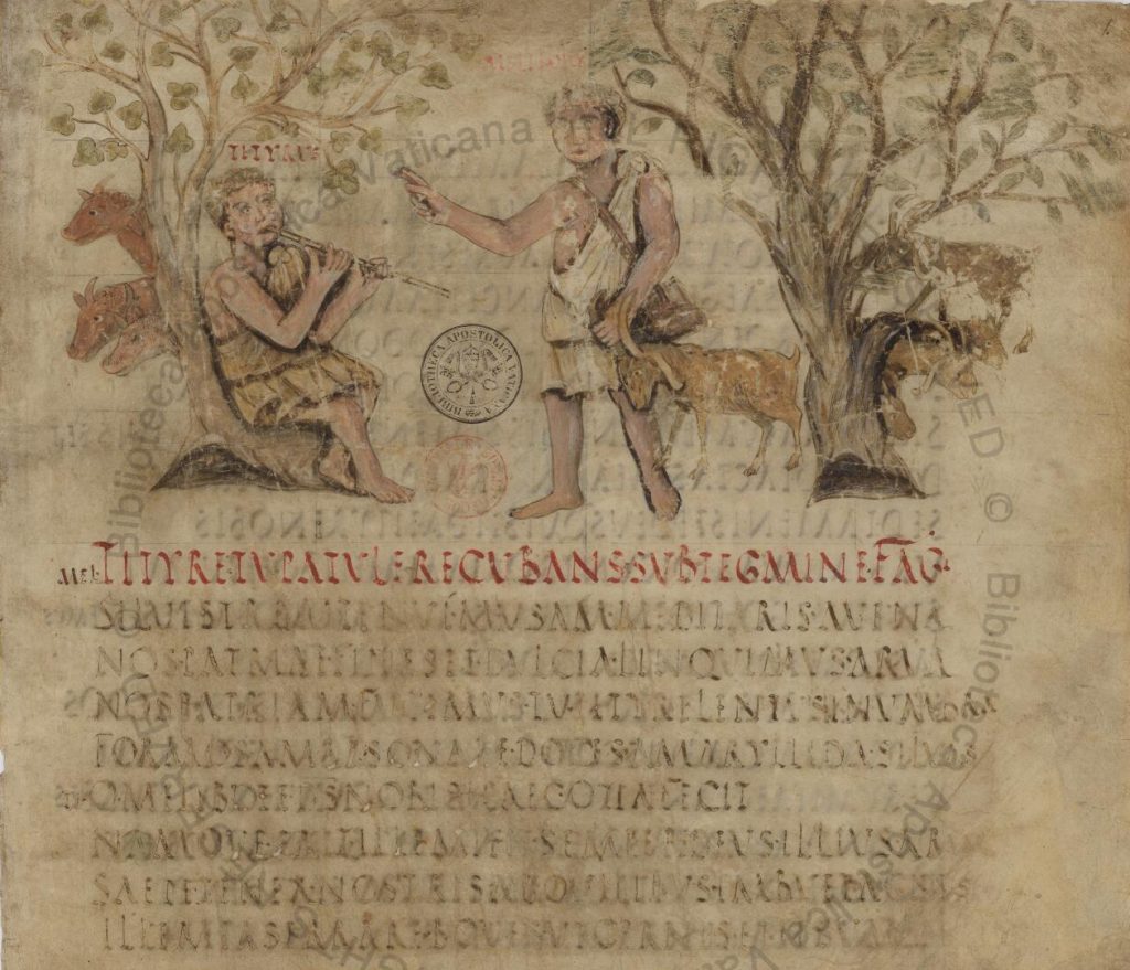 old painting of two people in the forest. On the left, a person leaning on a tree playing a flute and at the center, a standing person pointing at the other person with his right hand and holding a goat by its horn with his left. Below are written scripts.