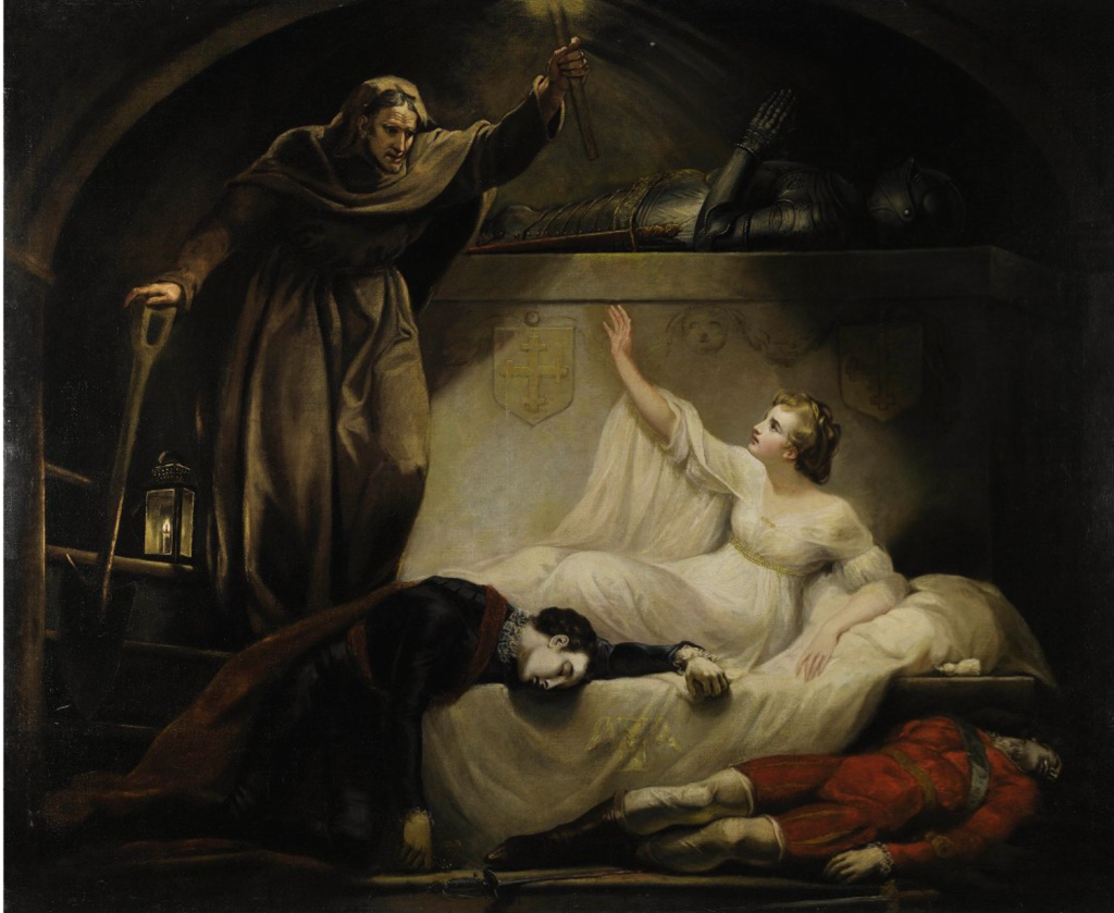 oil painting of the monument belonging to the Capulets: Romeo and Paris dead, Juliet and Friar Laurence looking down on her.