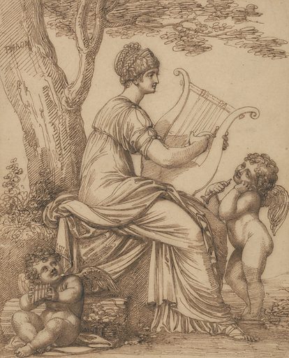 Drawing of woman in a robe playing the harp surrounded by a winged child on both sides.