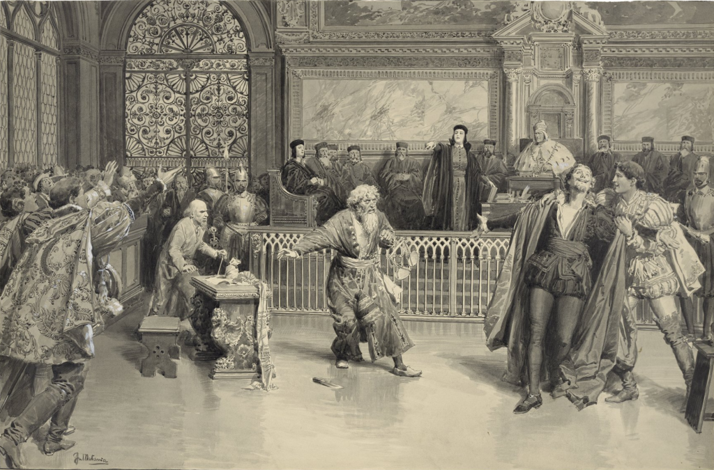 old black and white drawing of a scene in people in the act of debating.