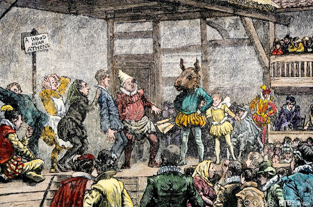 painting of performing actors on stage surrounded by a crowd of people two levels high.