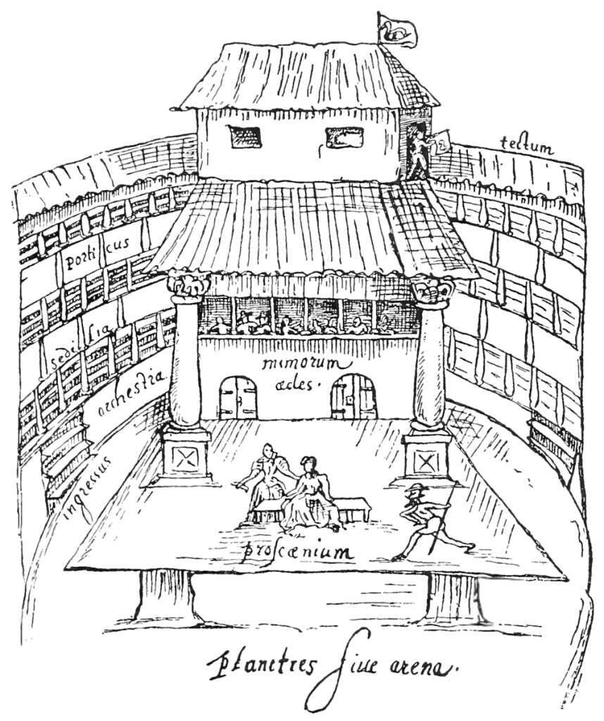 black and white sketch of a performance in progress with the stage in the center surrounded by three levels of seating.
