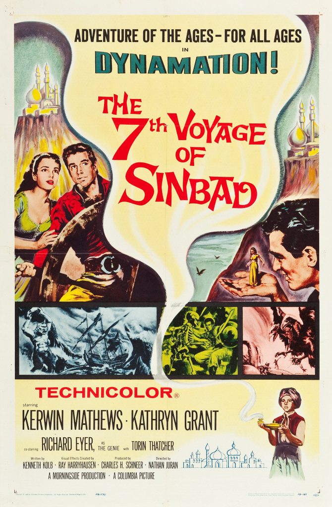Color illustration with text "Adventure of the ages for all ages dynamation! the seventh voyage of sinbad" On the left is an image of a man and woman with another image below of a ship in a storm. On the right is an image of a man holding a miniature woman in an open palm. Directly below is an images of man fighting a skeleton with another image of a two headed bird.