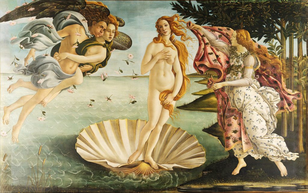 painting of a nude Venus in the center standing on top of a shell. To the left are two angels and on the right is a woman with a cloak.