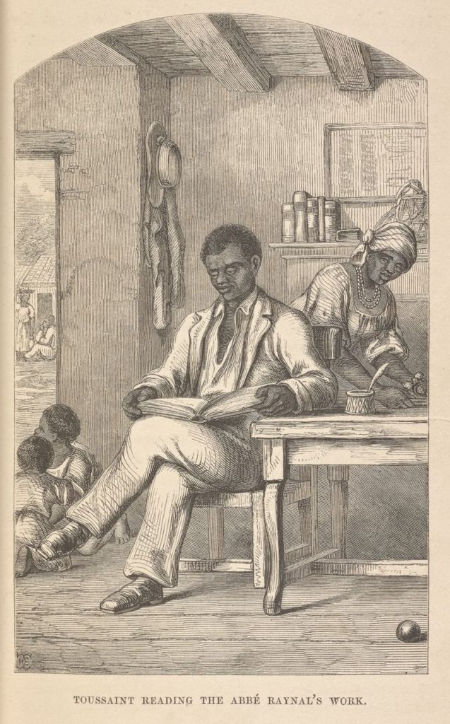 Illustration of a black man reading in a chair with women and children in the background