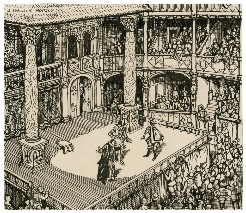 a black and white sketch of three people performing on a raised stage surrounded my audiences two levels high.