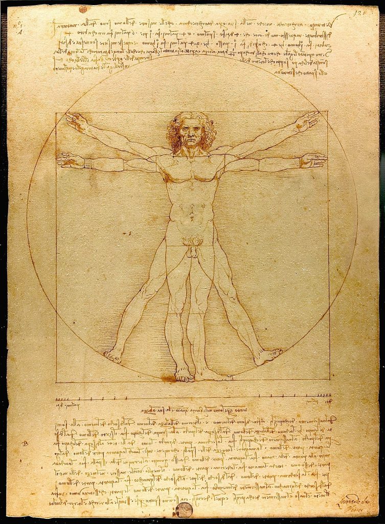 old illustration of a book page with drawing of a perfectly proportioned man with arms and legs spread with overlapping circle and square.