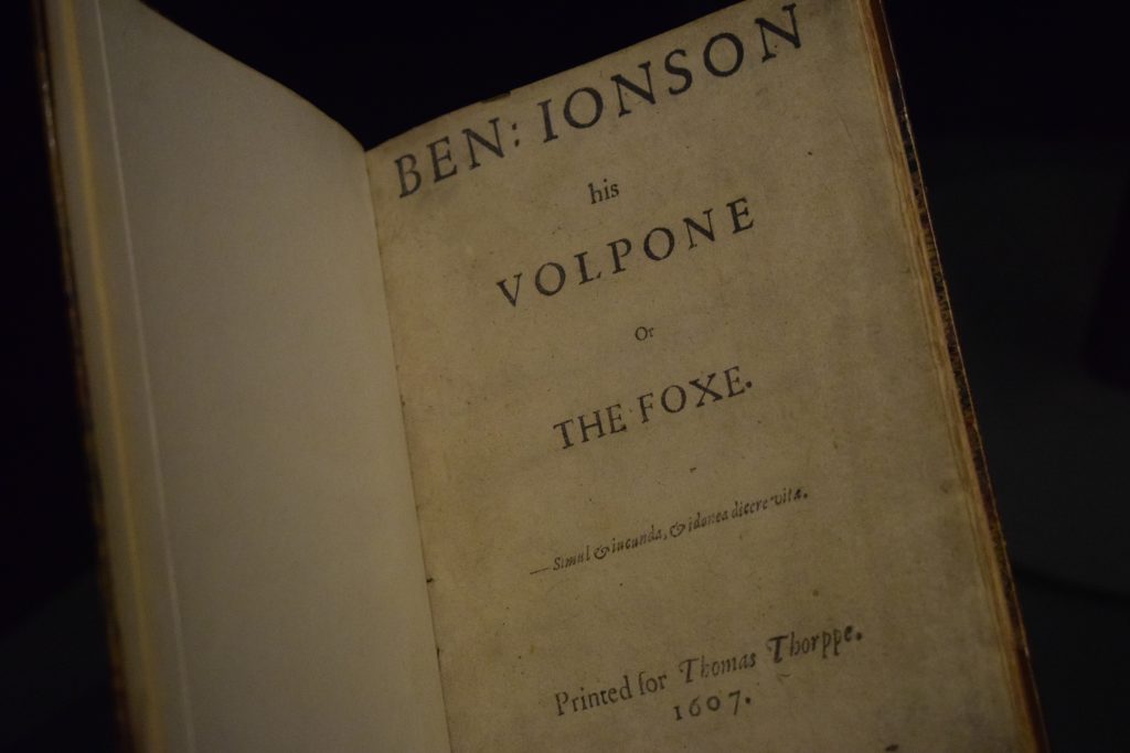 photo of a page from a book with the text "Ben: ionson his volpone or the foxe. Printed for Thomas Thorppe. 1607."