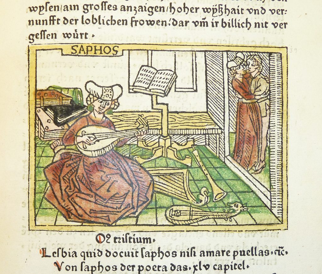 Woodcut Illustration of a person dressed in a robe playing a string instrument surrounded by more instruments on the floor. To the right is a couple dancing in the next room.