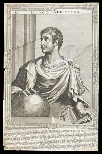 Augustus, Emperor of Rome. Line engraving, 16 –, after A. Sadeler after Titian. Half-length portrait, resting his right hand on a globe, facing towards the left, surrounded by an etched frame with swept centres and corners.