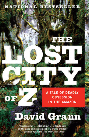 image of a book cover, that has trees with the title in white, titled "The Lost City of Z,"