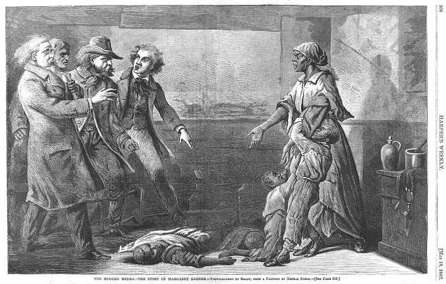 black and white 1876 engraving of Margaret Gardner. She stands and stares at four male bounty hunters as her two children lie dead at her feet. Her clothes are worn and the four male slave hunters show expressions of bewilderment of Margaret Gardner's act.