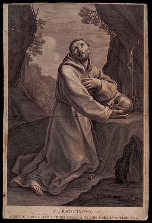 Ink drawing of a man in a robe kneeling with a skull in hand looking up.