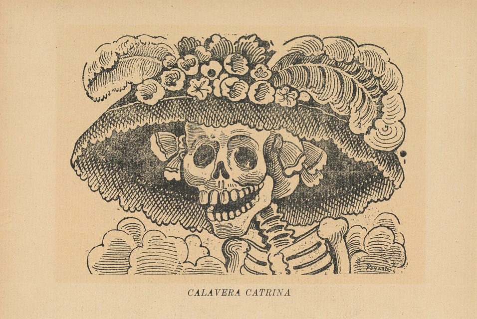 Ink engraving of a skeleton wearing a sombrero.
