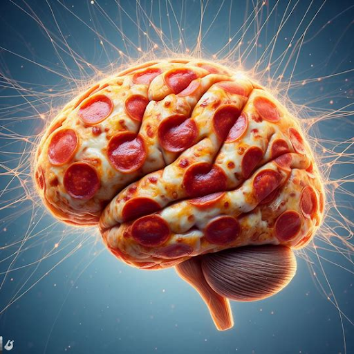Hybrid picture of a brain and peperoni pizza
