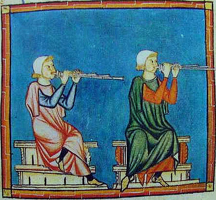 Medieval painting of a triple reedpipe from the Cantigas de Santa Maria being being played by two people.