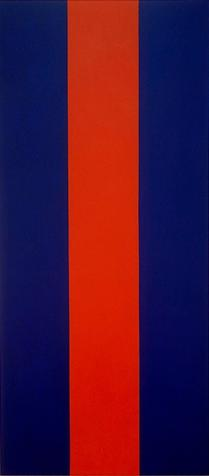 Painting of three vertical stripes, red center stripe with dark blue stripes on both sides.