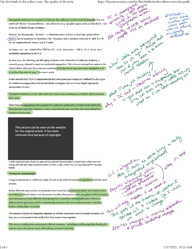 A copy of the second page of Mitchell's article with highlighting of various passages and my handwritten notes in the margin.