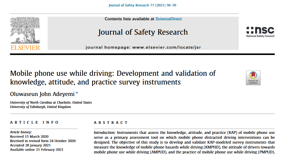 The masthead and abstract of a PDF file of an article entitled "Mobile Phone Use While Driving: Development and Validation of Knowledge, Attitude, and Practice Survey Instruments" by Oluwaseun John Adeyemi. The journal title is centered at the top with some information about publishers on either side. The article title is under that information, followed by the author's name and affiliation. The image also shows the publication date information and the abstract.