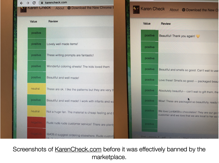 Figure 2. Screenshots of KarenCheck.com before it was effectively banned by the marketplace. The image shows one reviewer with a mix of positive, neutral, and negative reviews, and another reviewer with all positive reviews.