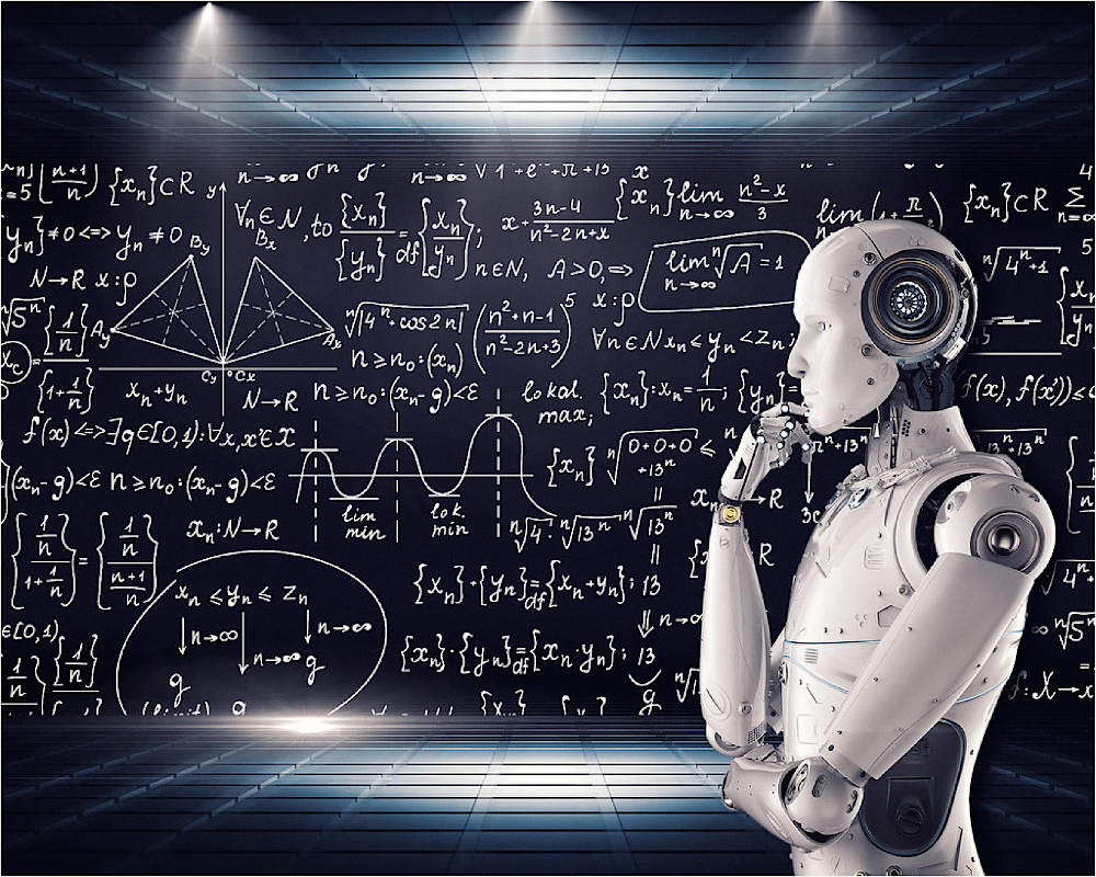 image of robot in the foreground with mathematical equations in the background.